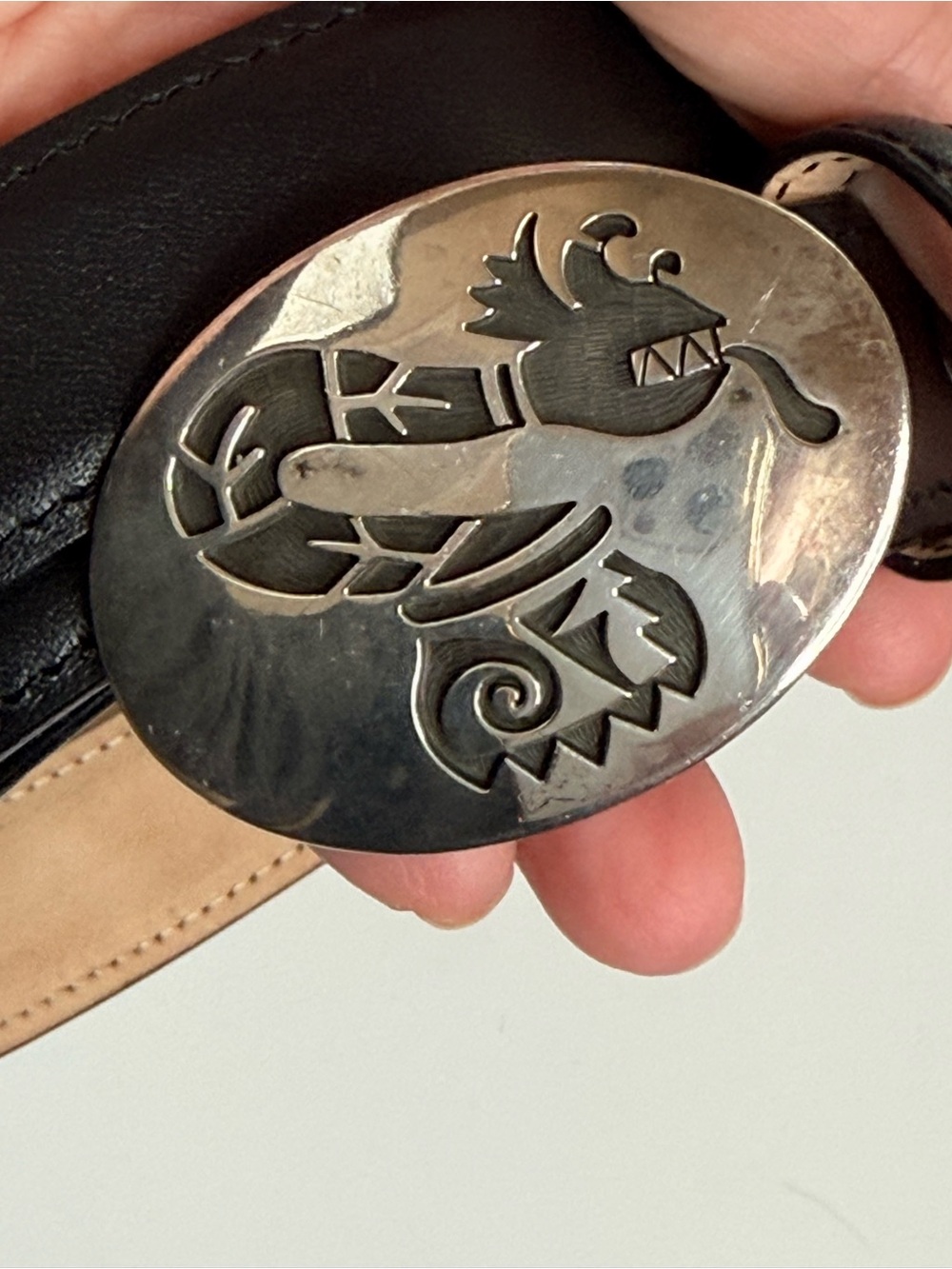 Hopi artist stamp silver overlay belt  sterling buckle Water Serpent (Palölökon)